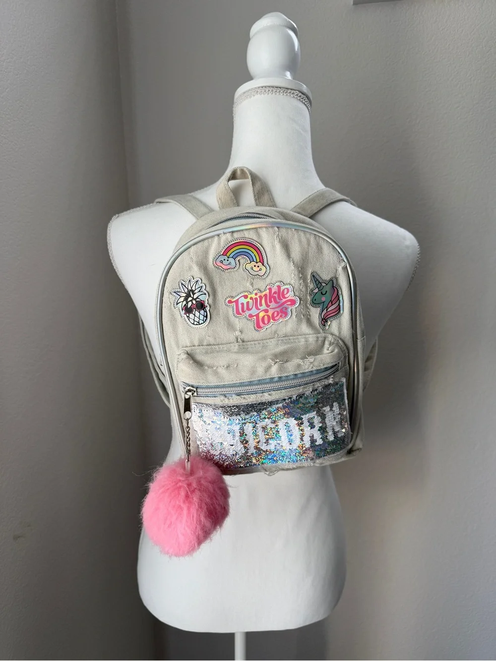 Sketchers Twinkle Toes Unicorn Mini Backpack with Pink Pom Pom and patches